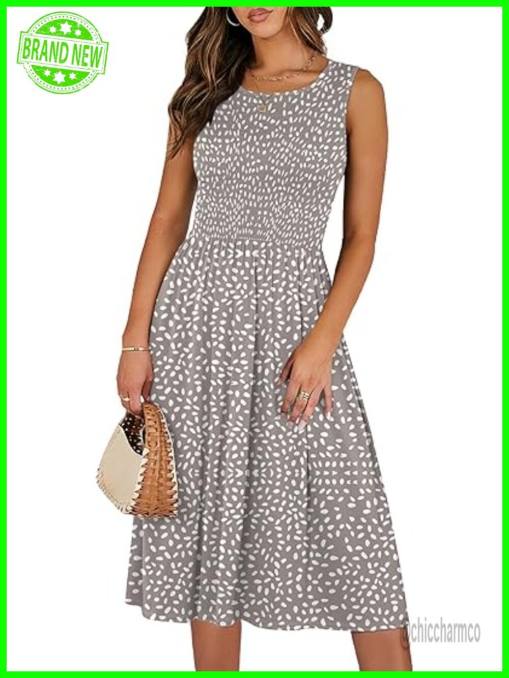 Sleeveless Midi Dress with Pockets Smocked Elastic Waist A-Line